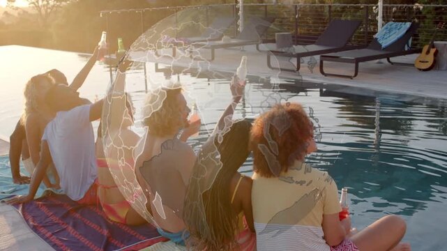 6 pals pool reflections left raising bottle sparking cheers under globe overlay for travel