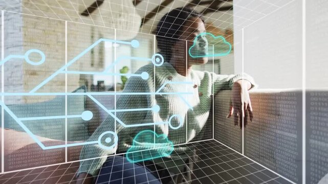 Woman on sofa gazing at bright window, causing wireframe grid and cloud icons mapping tech network