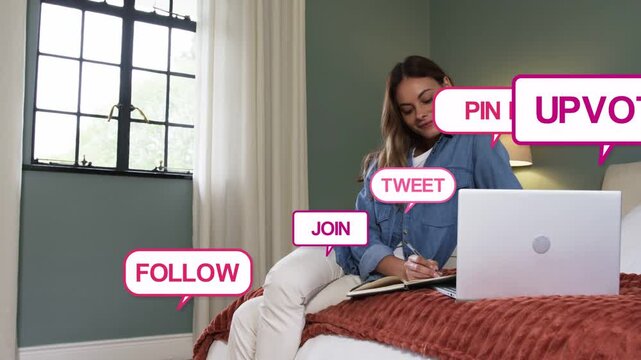 Woman writing on bed, social callouts popping from edges, stacking, obscuring laptop for marketing