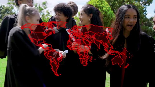 Seven grads leaning in, moving closer, handing diplomas, celebrating graduation, red map sweeping