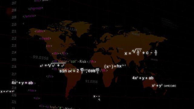 Code column appearing, formulas multiplying, clustering over stylized world map, showing cyber risk