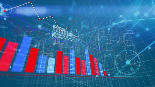3D bar chart and line graph animating on scene load, growing, tracing trends, showing analytics