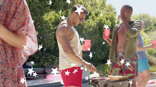 Griller checking and flipping food on grill after sizzle, serving friends holding cups, stars over