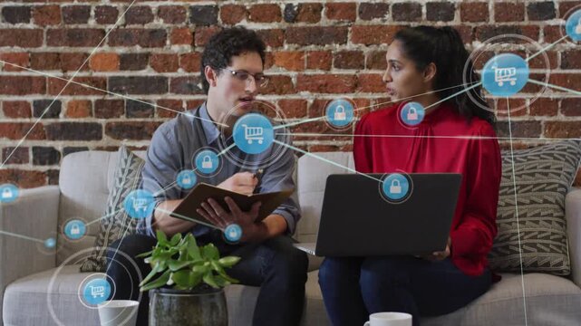 Man pointing and woman collaborating, visualizing ecommerce security via cart and padlock network