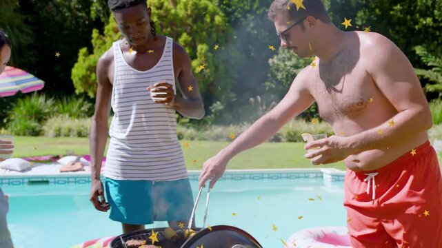 Cook grilling burgers pal checking sipping cup smoke rising sparking gold stars over group for pals