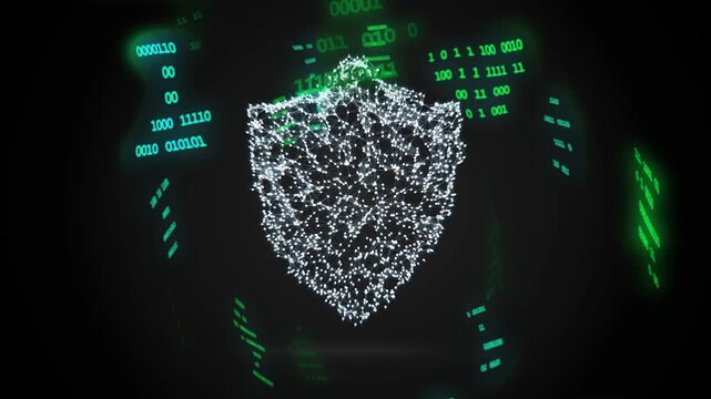 Green binary starting white nodes forming shield panels orbiting shield breaking showing defense