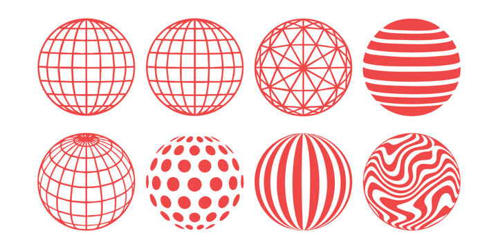 Set of eight red and yellow abstract sphere icons with geometric patterns and grid lines for modern design