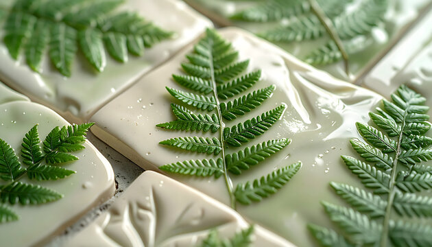 Cream tiles botanical ferns leaves pressed clay fired glazed sage green cottagecore aesthetic photorealistic macro detail leaf veins 8k natural organic, generative AI