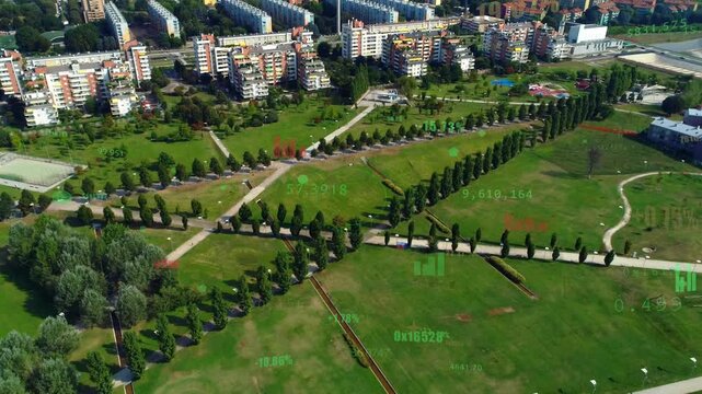 Drone launch moving forward and descending, showing park tree rows and paths with green HUD mapping