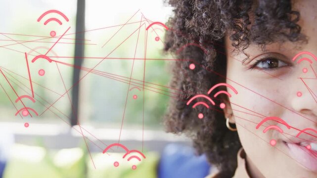 Red network graphics appearing across lounge, causing teen female opening eye and smiling for tech