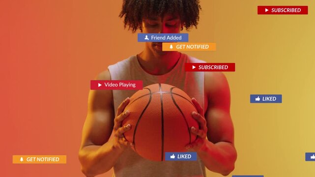 Athlete holding basketball send control popping cursor clicking causing badges rising fading promo