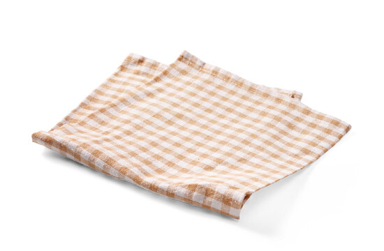 A neatly folded beige-and-white gingham kitchen towel on a clean white background. Beige napkin isolated