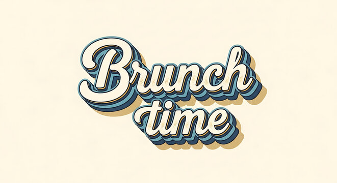 Retro pixel art text 'Brunch time' with a vintage 3d effect, playful script font, casual meal invitation, warm cream background