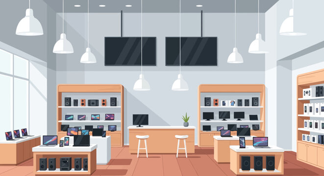A brightly lit electronics store interior displays computers laptops and televisions for sale to customers