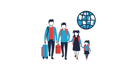Family walking with luggage together abroad.