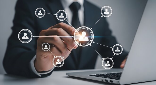 Businessman connecting people in a digital network, illustrating human resources and social connections.