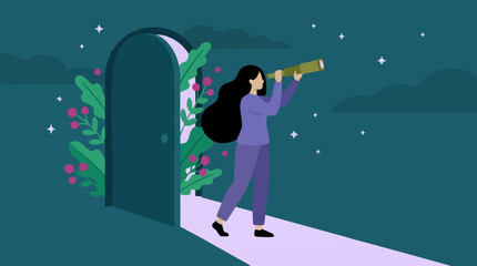 Woman with telescope stands before an open door, looking into the future © GraphWorks