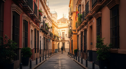 Obraz premium Narrow European cobblestone street lined with colorful buildings, golden hour light illuminating the scene, perfect for travel and European city concepts