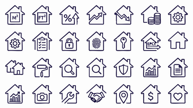 Real estate house icons set with various property market and home service symbols