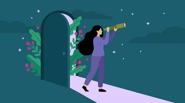 Woman with telescope stands before an open door, looking into the future