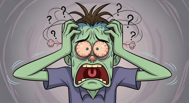A stressed and confused zombie cartoon character.
