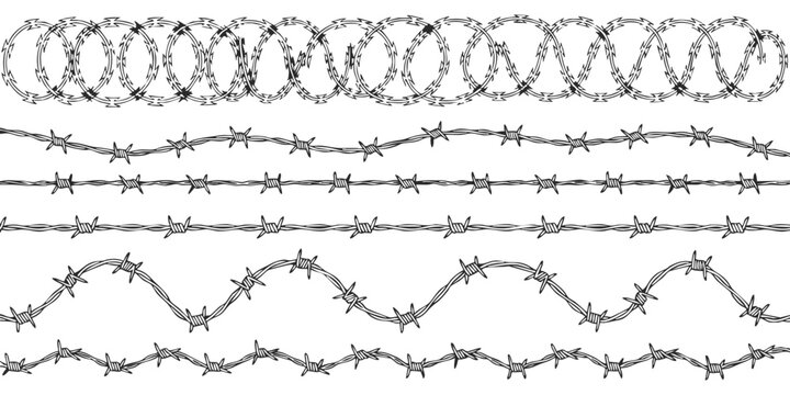Set of different barbed wire and razor wire fence segments for security and prison boundary protection design
