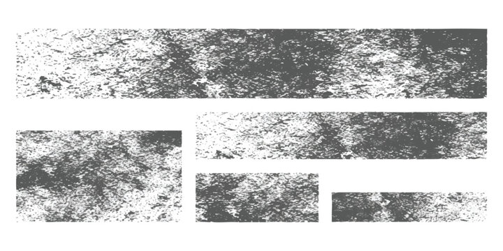 Set of black rectangular grunge texture banners with rough distressed surfaces and worn vintage ink stamp style