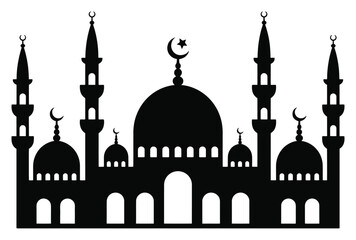 Silhouette of a grand mosque with domes and minarets, Islamic architecture © Sultana