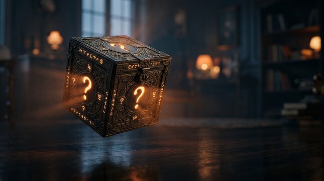 Glowing Ornate Mystery Cube Floating in Dark Vintage Study Room