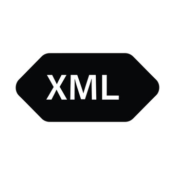 XML file format icon, black hexagonal tag with white text, extensible markup language vector symbol for web development