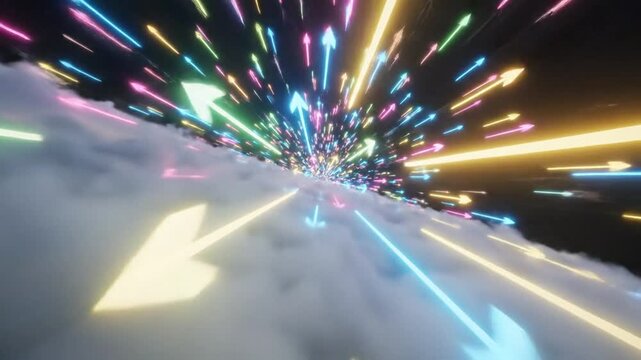 Abstract Neon Arrows Flying Through Clouds in a Digital Space.
