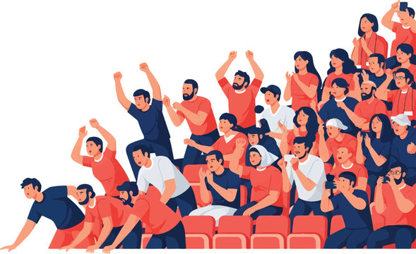 Excited sports fans cheering in stadium bleachers, diverse crowd of people celebrating at match, enthusiastic spectators in red and blue jerseys
