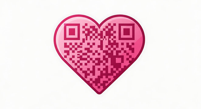 Pink heart shaped QR code symbol.
