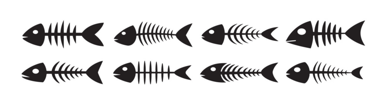  fish skeleton silhouette white background vector illustration
