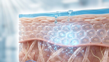 Cross-section of skin layers with serum droplets and deep hydration effect, 3D medical illustration.