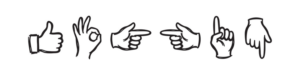 Obraz premium Vector icons of various hand gestures in a clean, hand-drawn outline style. The set includes a thumbs up, OK sign, pointing index finger, a pointing hand, a hand pointing downward, and a hand pointing