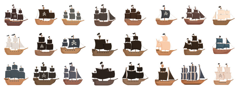pirate ship icons set cartoon vector wreck boat