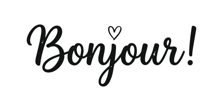 Bonjour word with a small heart symbol written in a beautiful black cursive calligraphy script font style