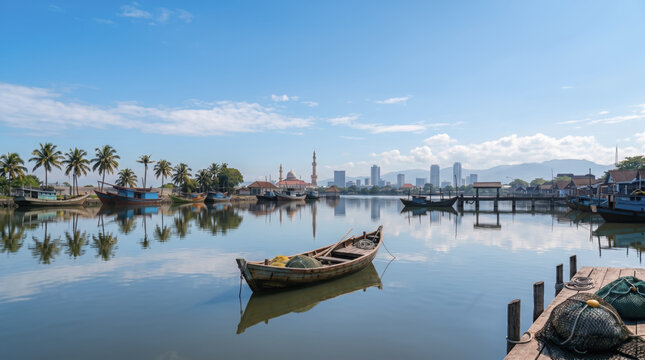 Traditional wooden fishing boats are docked in a calm harbor with a prominent mosque and modern city skyline in the background under a bright, clear blue sky.