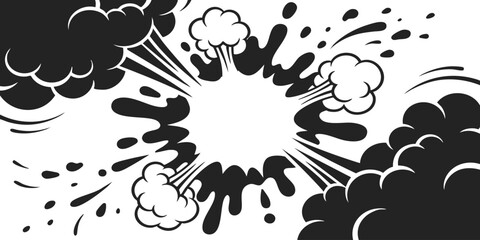 Comic book style explosion effect with black smoke clouds and ink splatter elements for action graphic design © GraphixEra