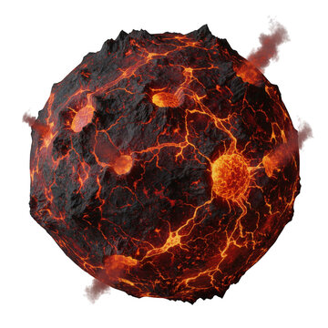 Molten lava planet with glowing cracks and smoke isolated on a transparent background