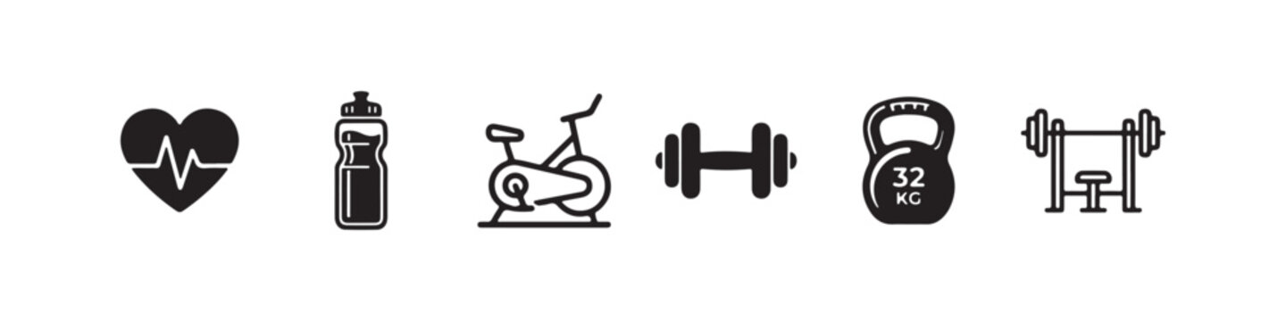 Vector icons representing fitness and gym equipment in a minimalist style, featuring a water bottle, bench press station, dumbbell, kettlebell, stationary exercise bike, and a heart rate monitor symbo