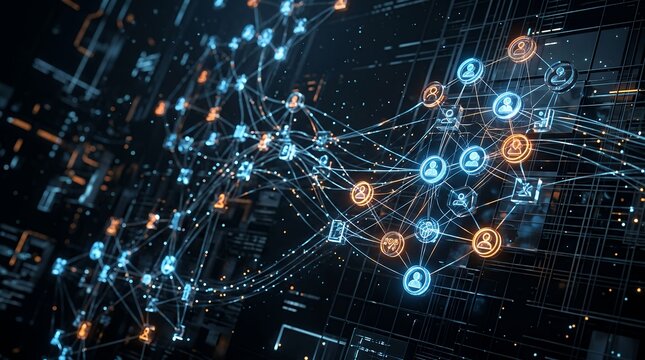 Glowing Digital Network Connections Spreading Across Futuristic Data Interface