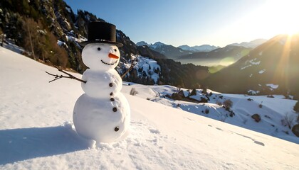 Obraz premium A snowman on a snowy hill with a scenic mountain view