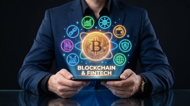 Blockchain and fintech technology concept with digital icons e commerce smart contract blockchain technology currency cryptocurrency innovation business investment exchange security