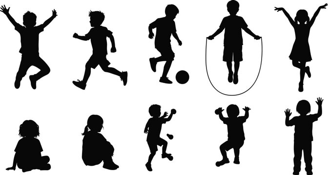 Children silhouettes set showing kids jumping, running, playing ball, skipping rope and sitting, capturing joyful childhood activities and energetic movement
