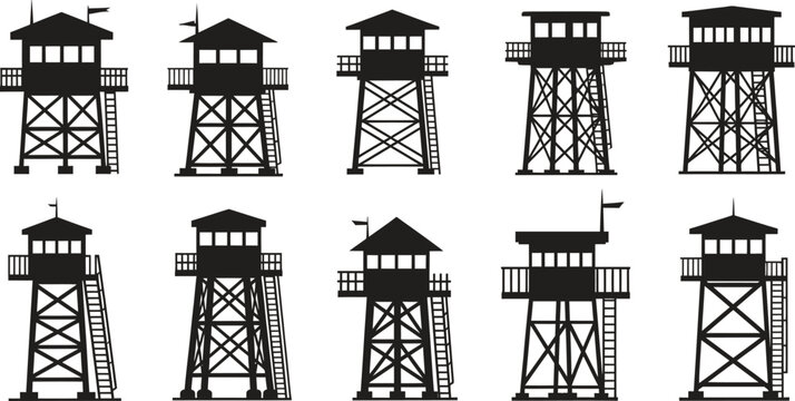 Collection of black silhouette guard towers with ladders