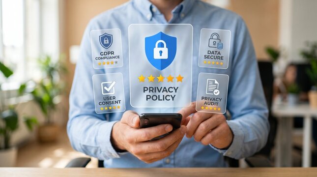 Privacy policy concept with shield and icons on phone data protection personal information security icon legal document privacy settings user privacy security confidentiality smartphone