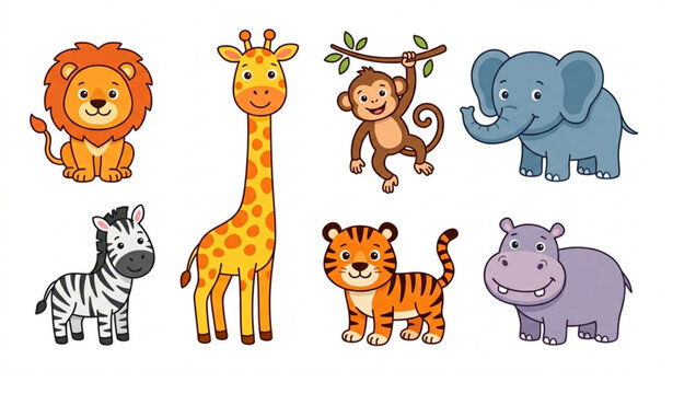 Cute safari animals vector set with lion giraffe monkey zebra tiger hippo cartoon characters isolated on white