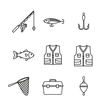Fishing icons set rod fish hook vest net tackle box and float